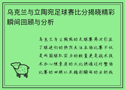 乌克兰与立陶宛足球赛比分揭晓精彩瞬间回顾与分析