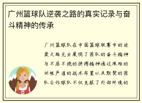 广州篮球队逆袭之路的真实记录与奋斗精神的传承