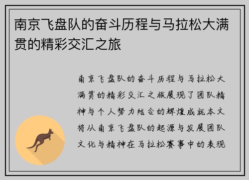 南京飞盘队的奋斗历程与马拉松大满贯的精彩交汇之旅