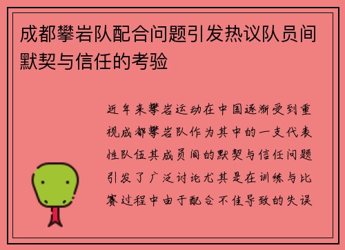 成都攀岩队配合问题引发热议队员间默契与信任的考验