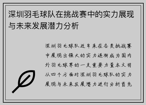 深圳羽毛球队在挑战赛中的实力展现与未来发展潜力分析