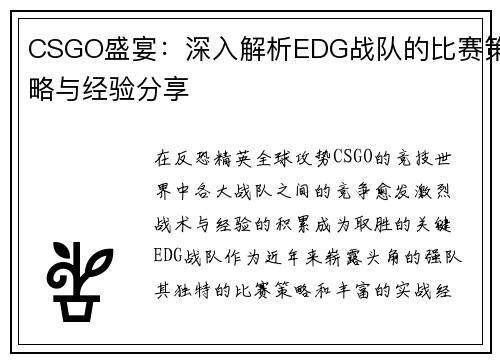 CSGO盛宴：深入解析EDG战队的比赛策略与经验分享
