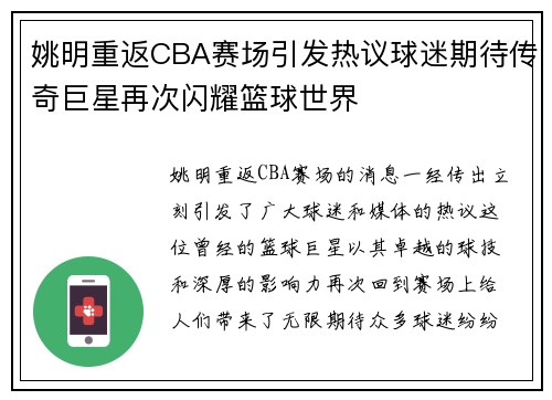 姚明重返CBA赛场引发热议球迷期待传奇巨星再次闪耀篮球世界