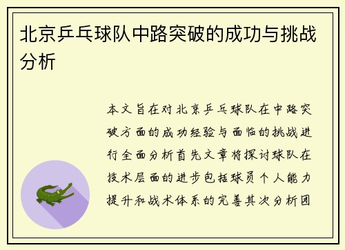 北京乒乓球队中路突破的成功与挑战分析