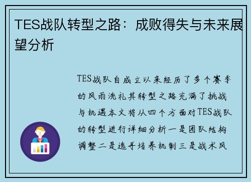 TES战队转型之路：成败得失与未来展望分析