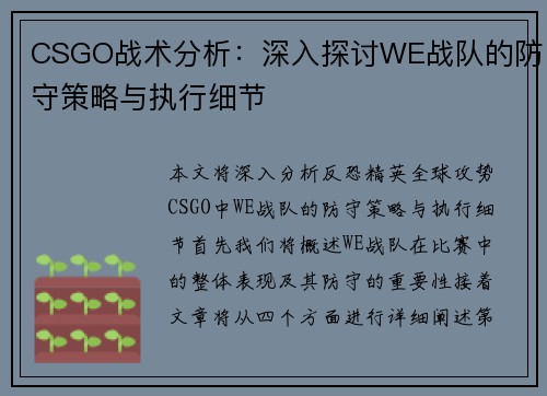 CSGO战术分析：深入探讨WE战队的防守策略与执行细节