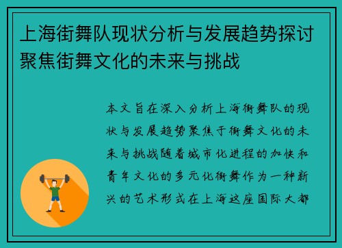上海街舞队现状分析与发展趋势探讨聚焦街舞文化的未来与挑战