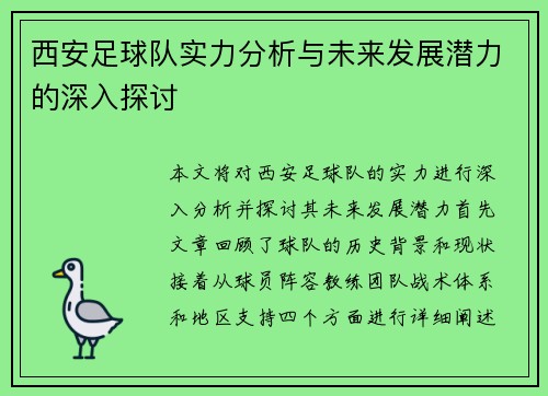 西安足球队实力分析与未来发展潜力的深入探讨